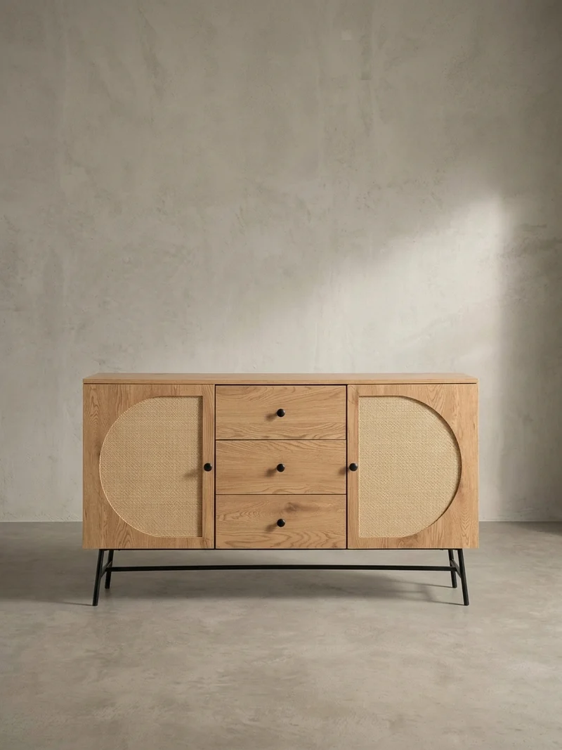 Sideboard – Eiche-Dekor/Rattan, 140x80x40 cm, 2 Türen, 3 Schubladen, hoch