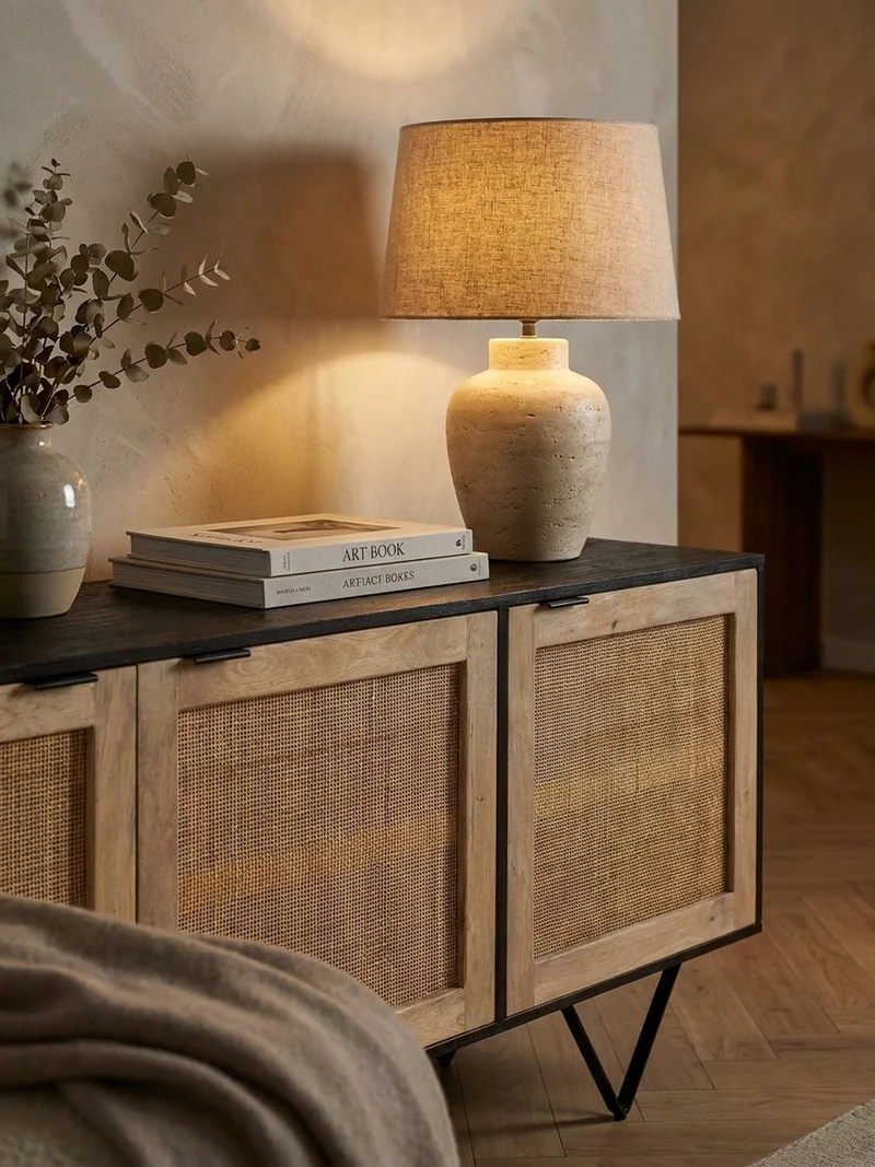 Sideboard – Mango Massivholz/Rattan, 175x75x45 cm, 3 Türen, schwarz/braun