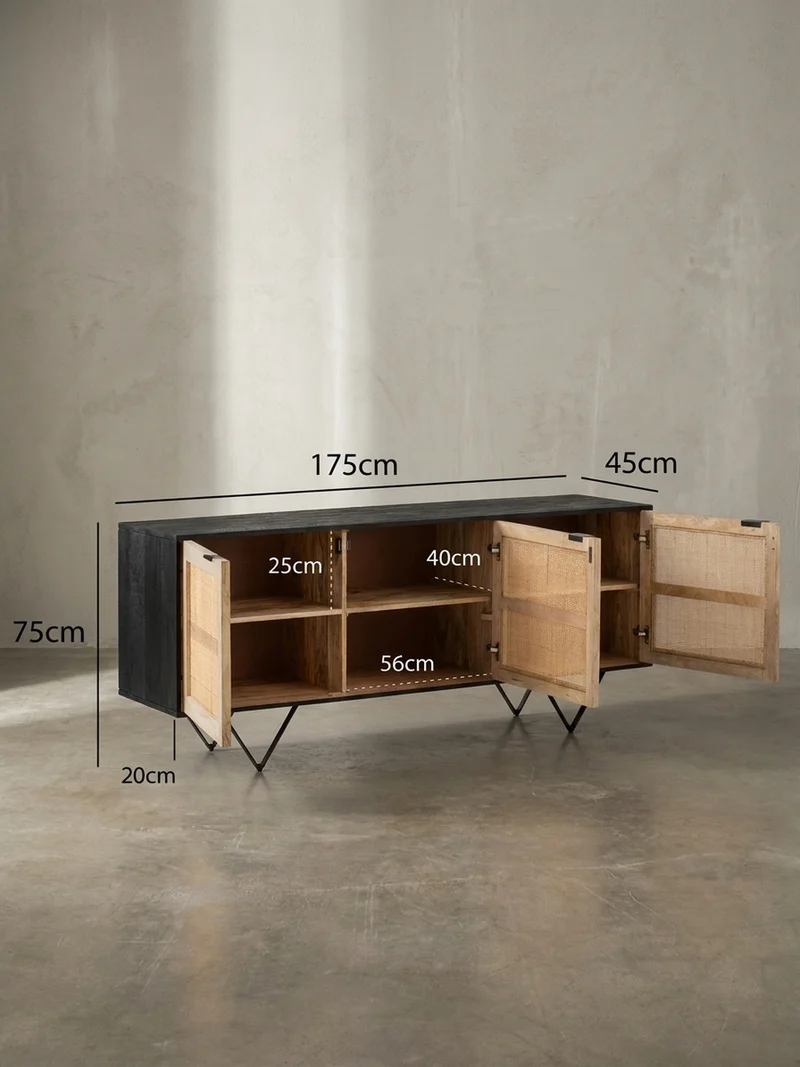 Sideboard – Mango Massivholz/Rattan, 175x75x45 cm, 3 Türen, schwarz/braun