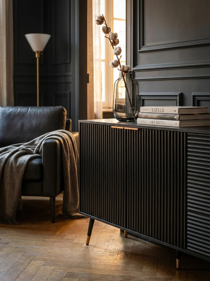 Sideboard – Schwarz/Eiche-Dekor, 120x80x40 cm, mit Türen und Schubladen, Metallbeine