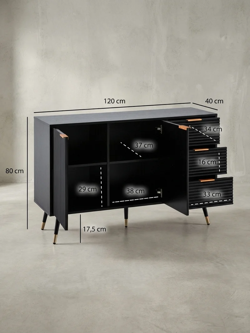 Sideboard – Schwarz/Eiche-Dekor, 120x80x40 cm, mit Türen und Schubladen, Metallbeine
