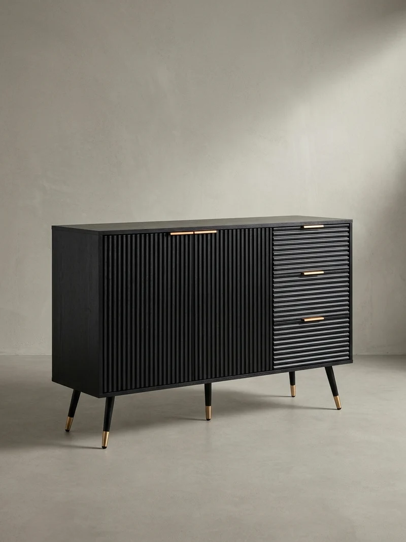 Sideboard – Schwarz/Eiche-Dekor, 120x80x40 cm, mit Türen und Schubladen, Metallbeine