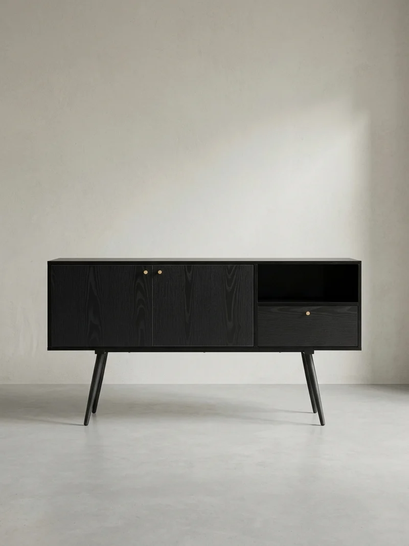 Sideboard – Schwarz/Eiche-Dekor, 140x75x40 cm, mit 2 Türen, Schublade, offenes Fach