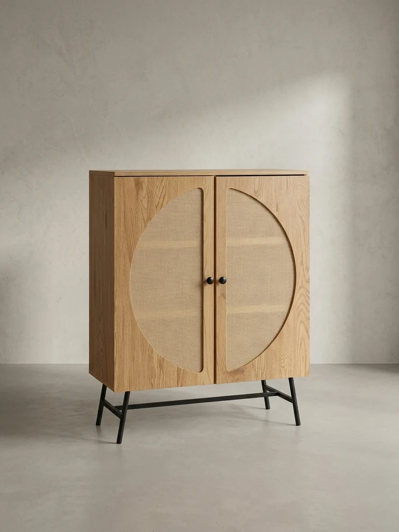 Sideboard – Eiche-Dekor/Rattan, 80x103x39 cm, 2 Türen, hoch