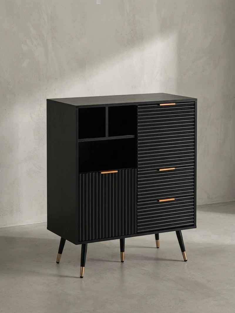 Sideboard – Schwarz/Eiche-Dekor, 77x97x40 cm, mit Türen, Schubladen, Regal, Metallbeine