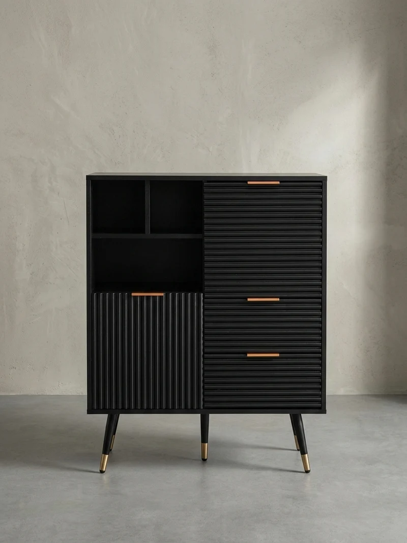 Sideboard – Schwarz/Eiche-Dekor, 77x97x40 cm, mit Türen, Schubladen, Regal, Metallbeine