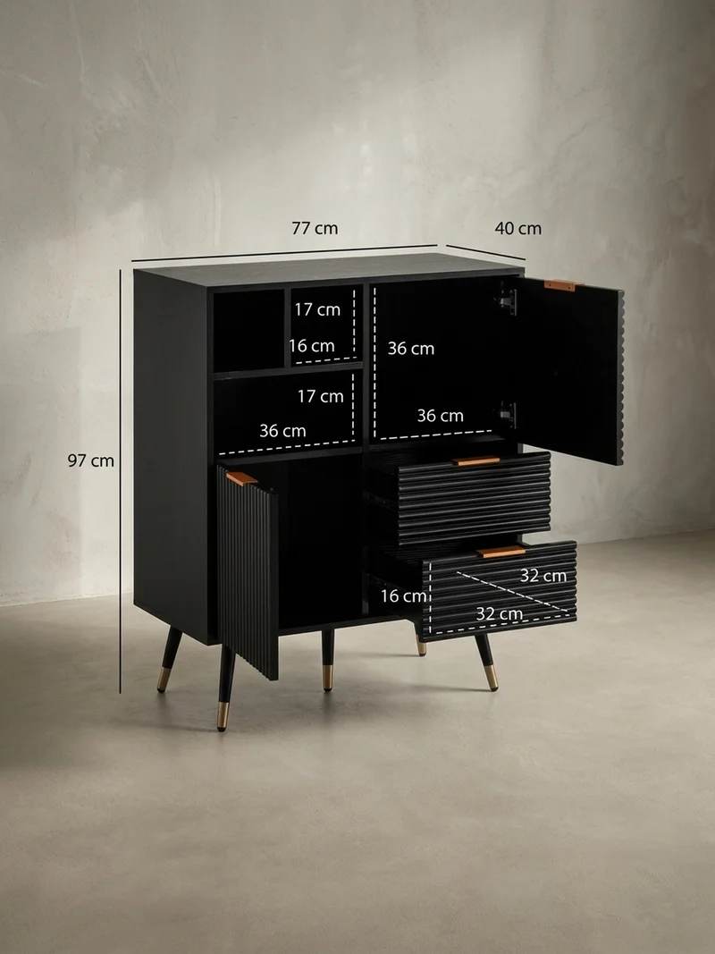Sideboard – Schwarz/Eiche-Dekor, 77x97x40 cm, mit Türen, Schubladen, Regal, Metallbeine