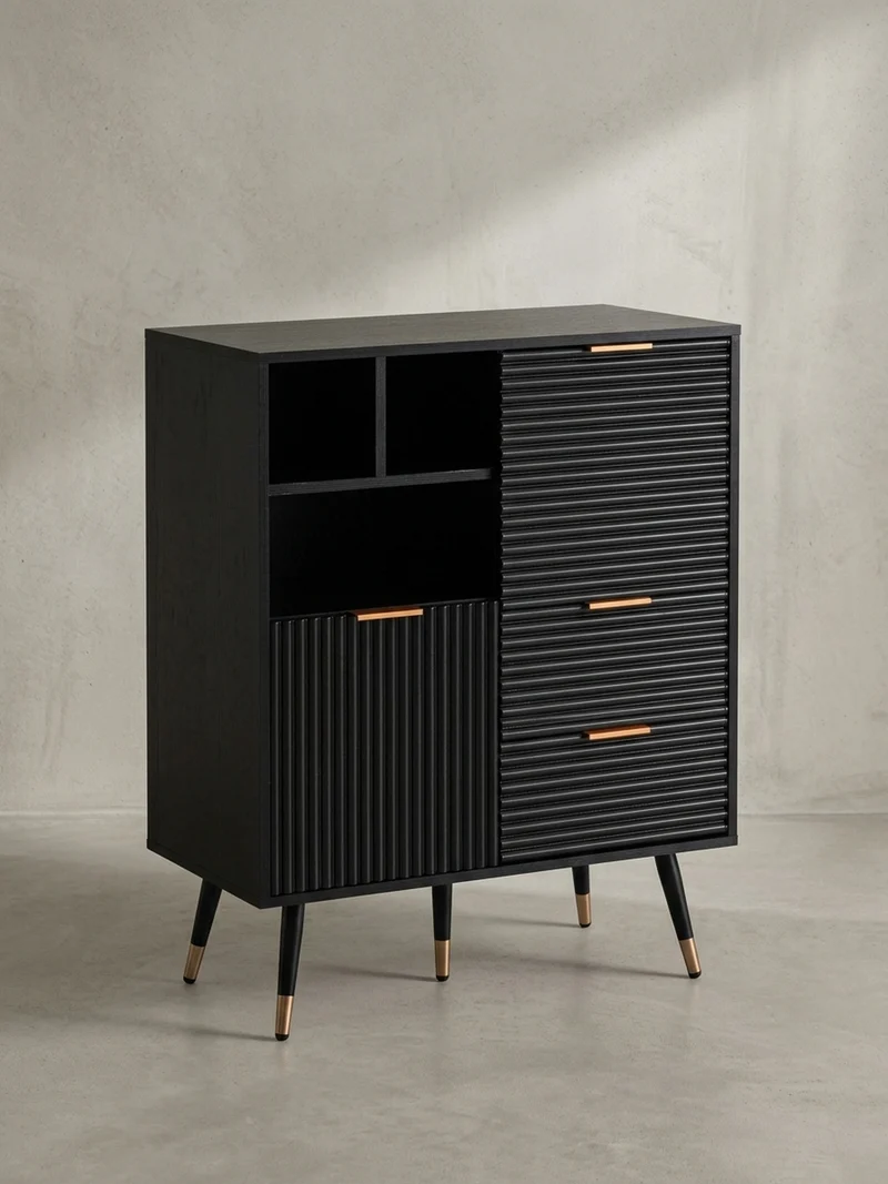 Sideboard – Schwarz/Eiche-Dekor, 77x97x40 cm, mit Türen, Schubladen, Regal, Metallbeine