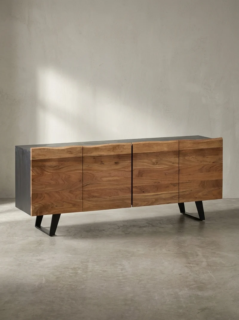 Sideboard – Akazie Massivholz, 180x75x45 cm, mit Baumkante, Türen, Metallbeine
