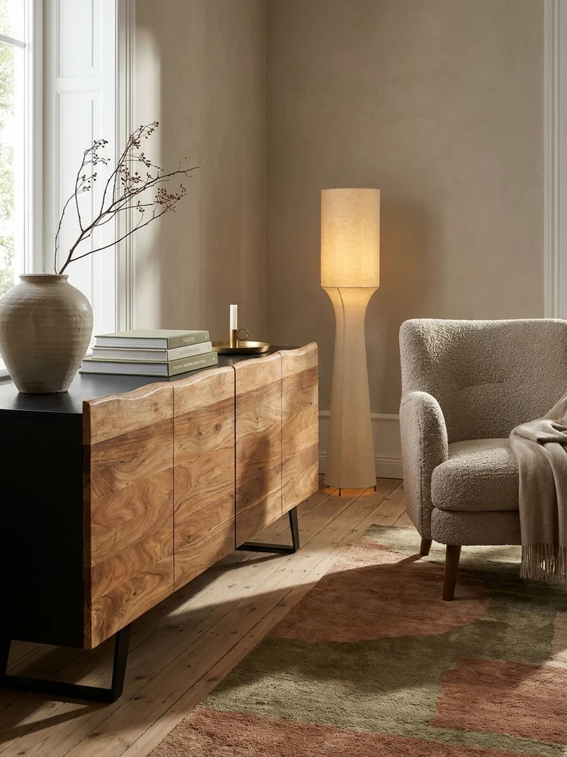 Sideboard – Akazie Massivholz, 180x75x45 cm, mit Baumkante, Türen, Metallbeine