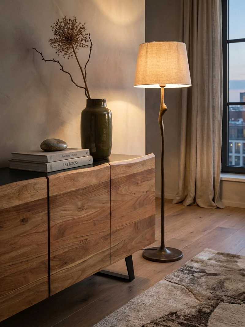 Sideboard – Akazie Massivholz, 180x75x45 cm, mit Baumkante, Türen, Metallbeine