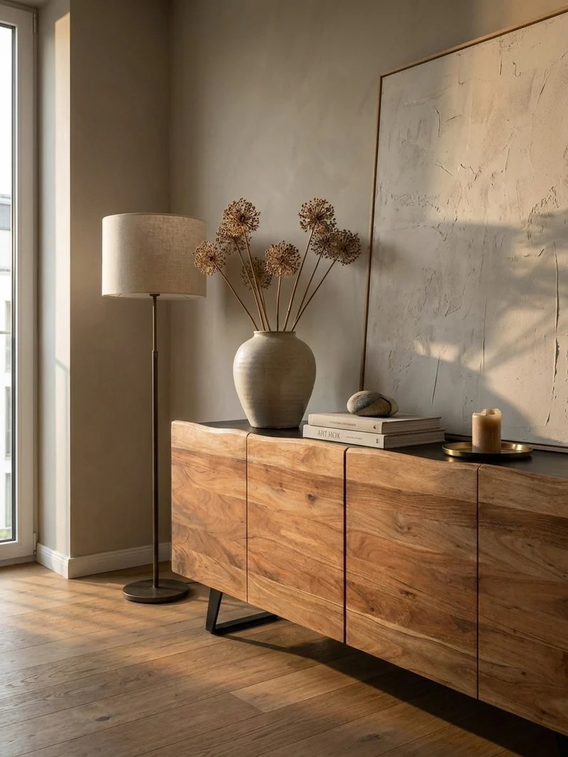 Sideboard – Akazie Massivholz, 180x75x45 cm, mit Baumkante, Türen, Metallbeine