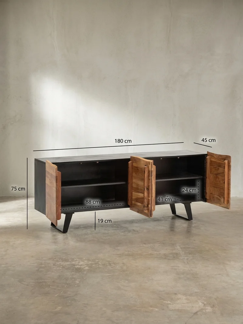 Sideboard – Akazie Massivholz, 180x75x45 cm, mit Baumkante, Türen, Metallbeine