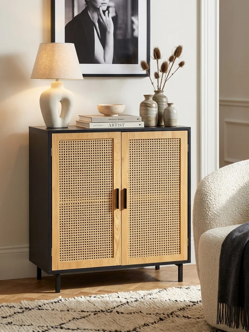 Sideboard – Schwarz, 80x86,5x40 cm, mit Wiener Geflecht, 2 Türen, hoch