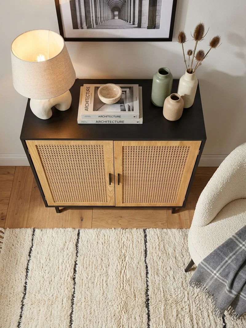 Sideboard – Schwarz, 80x86,5x40 cm, mit Wiener Geflecht, 2 Türen, hoch