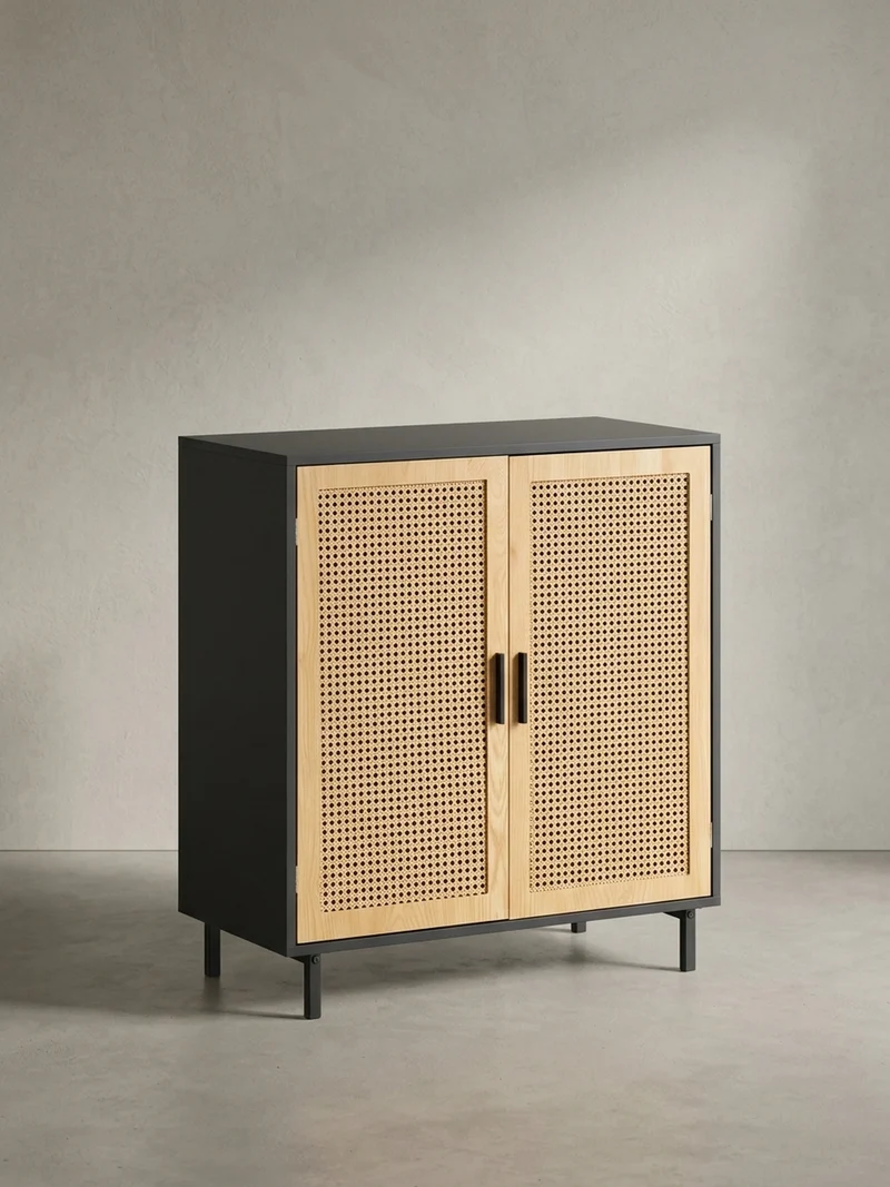 Sideboard – Schwarz, 80x86,5x40 cm, mit Wiener Geflecht, 2 Türen, hoch