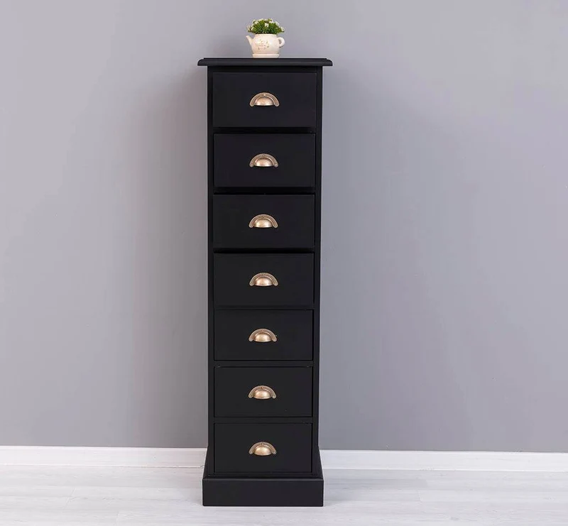 Schmale Schubladensäule aus Massivholz mit 7 Schubladen