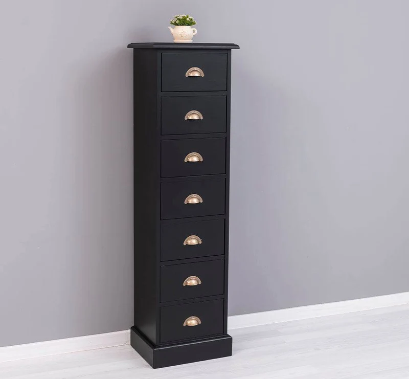 Schmale Schubladensäule aus Massivholz mit 7 Schubladen