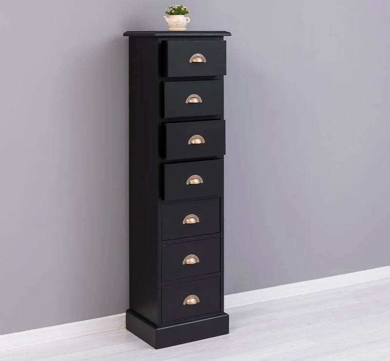 Schmale Schubladensäule aus Massivholz mit 7 Schubladen