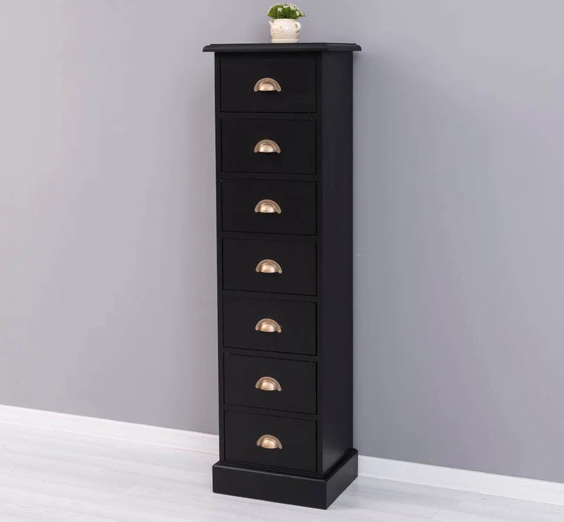 Schmale Schubladensäule aus Massivholz mit 7 Schubladen