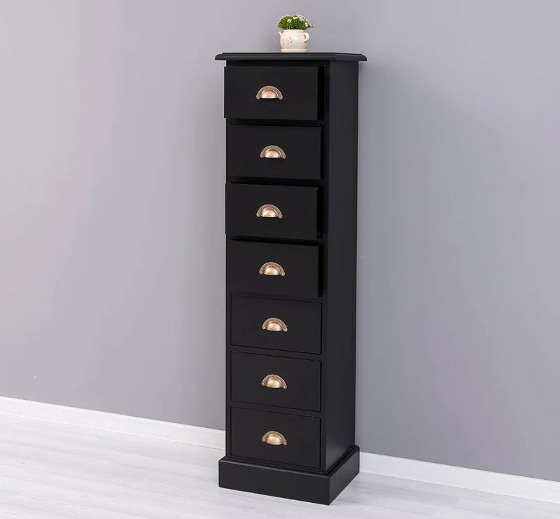 Schmale Schubladensäule aus Massivholz mit 7 Schubladen