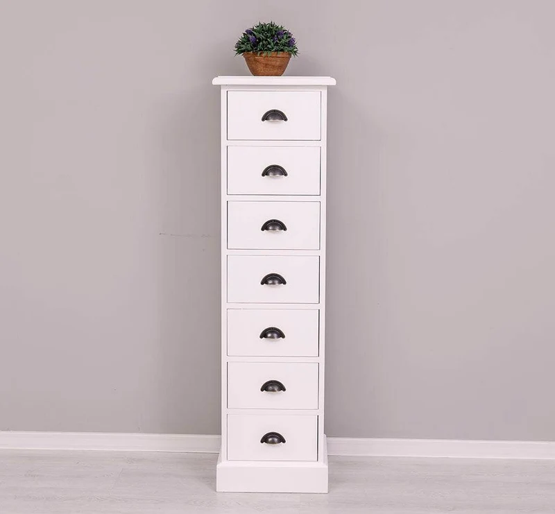 Schmale Schubladensäule aus Massivholz mit 7 Schubladen