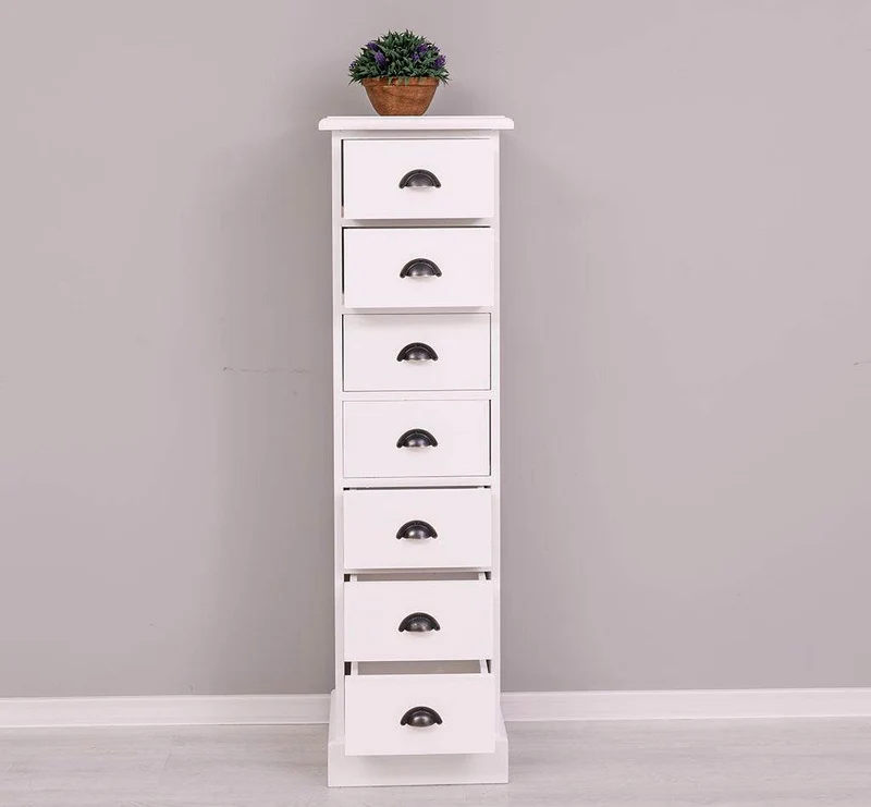 Schmale Schubladensäule aus Massivholz mit 7 Schubladen
