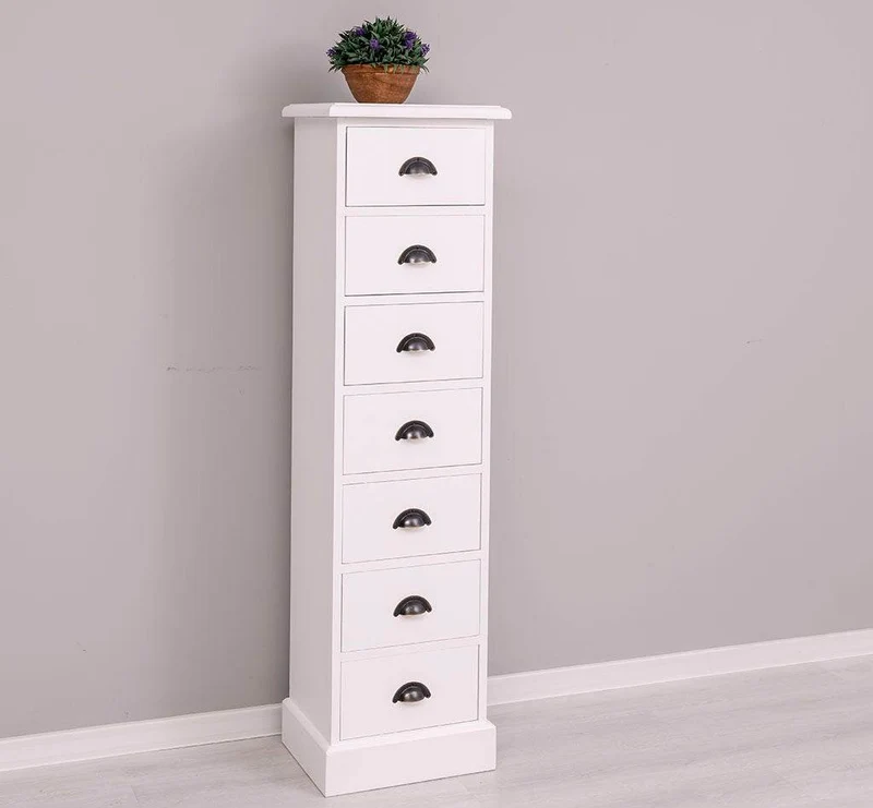 Schmale Schubladensäule aus Massivholz mit 7 Schubladen