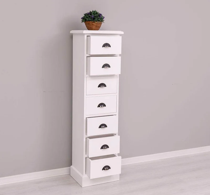 Schmale Schubladensäule aus Massivholz mit 7 Schubladen