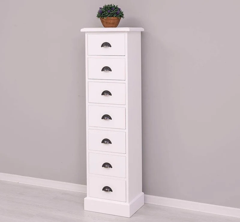 Schmale Schubladensäule aus Massivholz mit 7 Schubladen