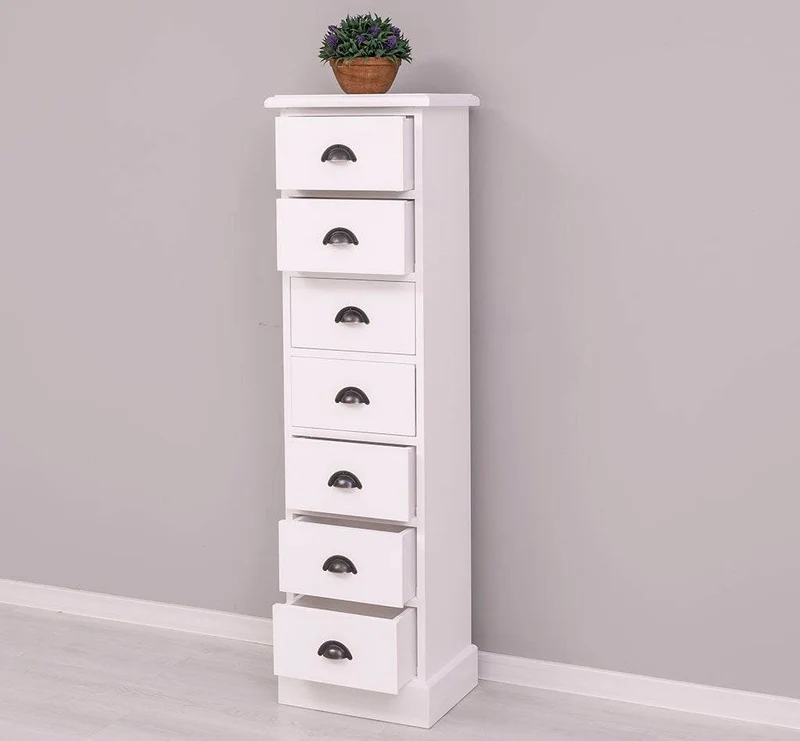 Schmale Schubladensäule aus Massivholz mit 7 Schubladen