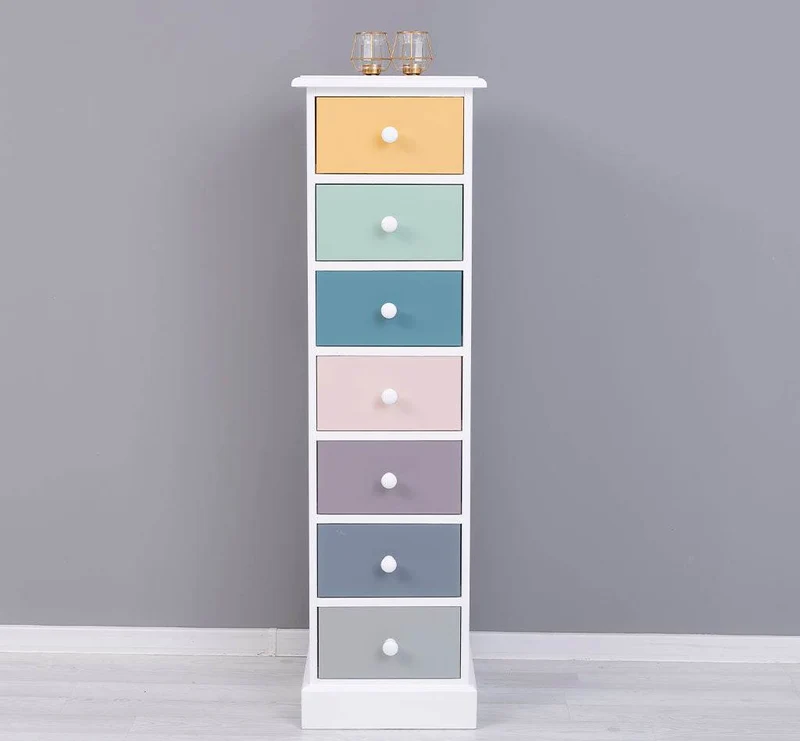 Schmale Schubladensäule aus Massivholz mit 7 Schubladen