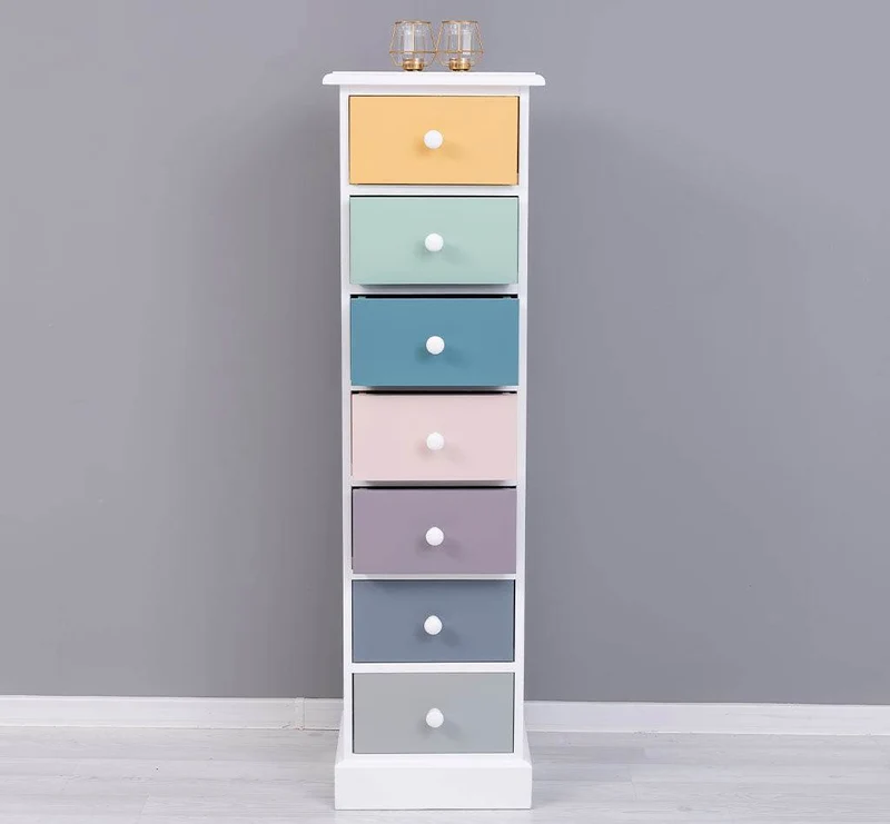 Schmale Schubladensäule aus Massivholz mit 7 Schubladen