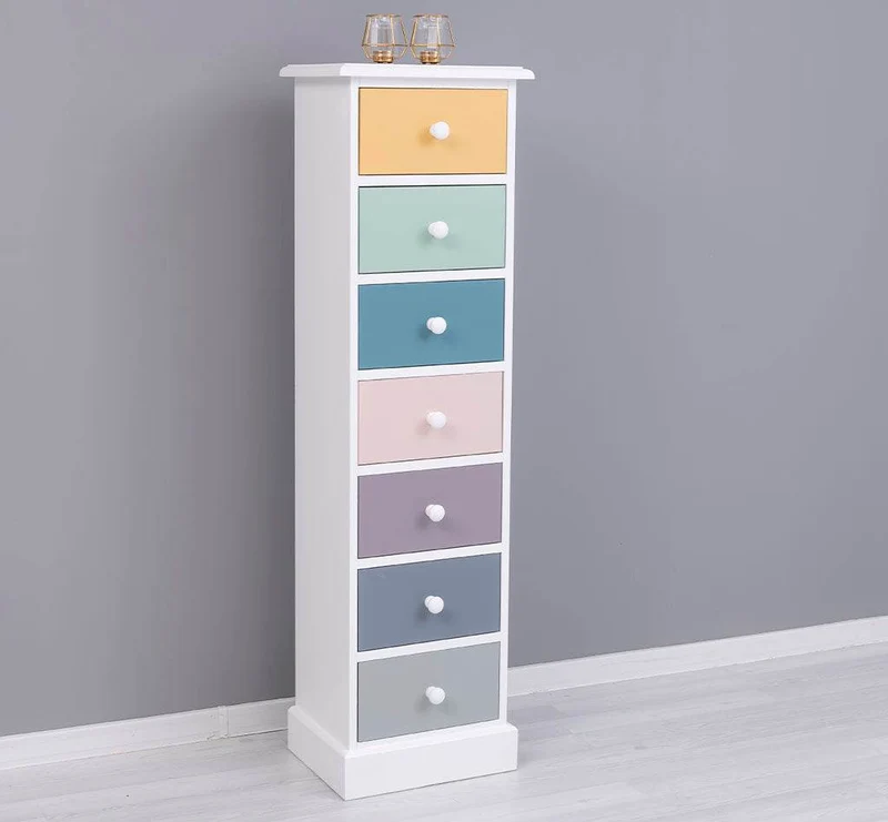Schmale Schubladensäule aus Massivholz mit 7 Schubladen