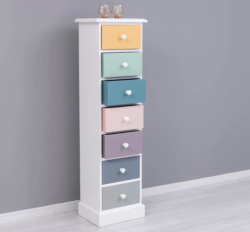 Schmale Schubladensäule aus Massivholz mit 7 Schubladen
