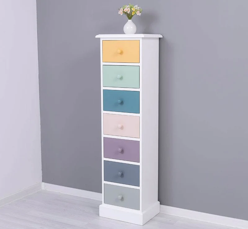 Schmale Schubladensäule aus Massivholz mit 7 Schubladen