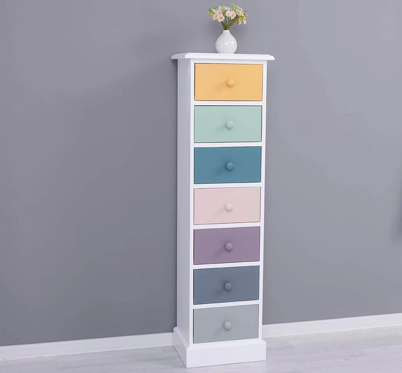 Schmale Schubladensäule aus Massivholz mit 7 Schubladen