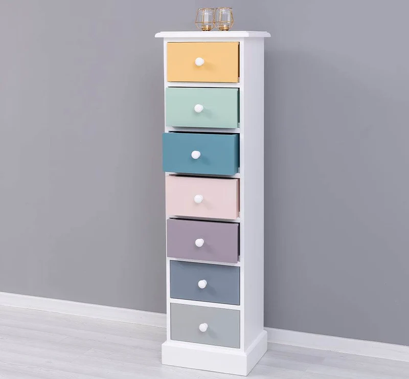 Schmale Schubladensäule aus Massivholz mit 7 Schubladen