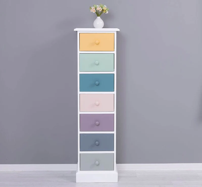 Schmale Schubladensäule aus Massivholz mit 7 Schubladen