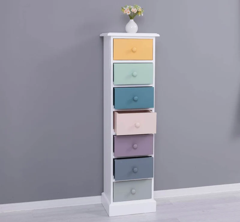 Schmale Schubladensäule aus Massivholz mit 7 Schubladen