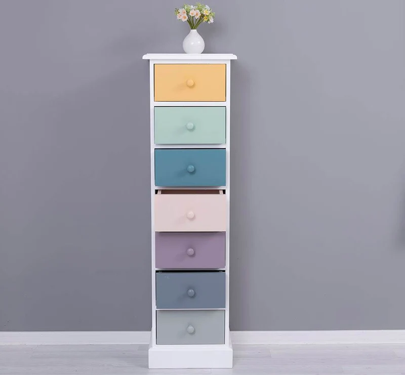 Schmale Schubladensäule aus Massivholz mit 7 Schubladen