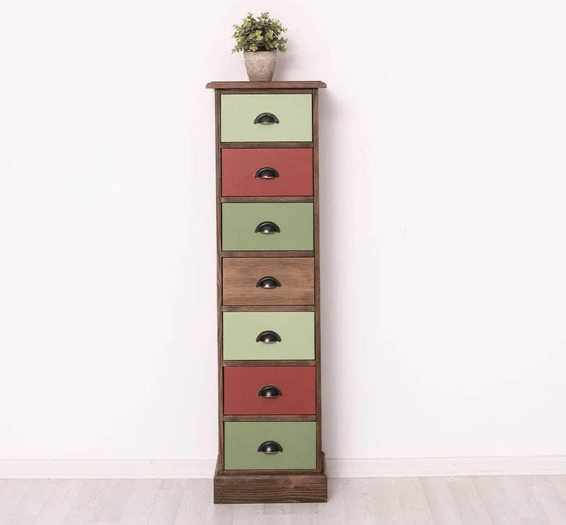 Schmale Schubladensäule aus Massivholz mit 7 Schubladen