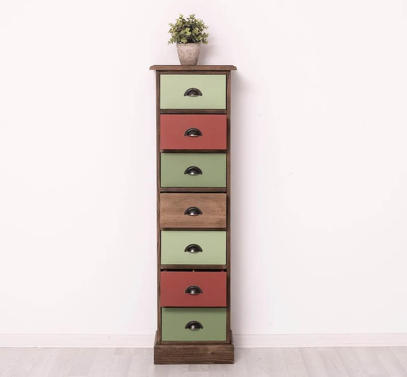 Schmale Schubladensäule aus Massivholz mit 7 Schubladen