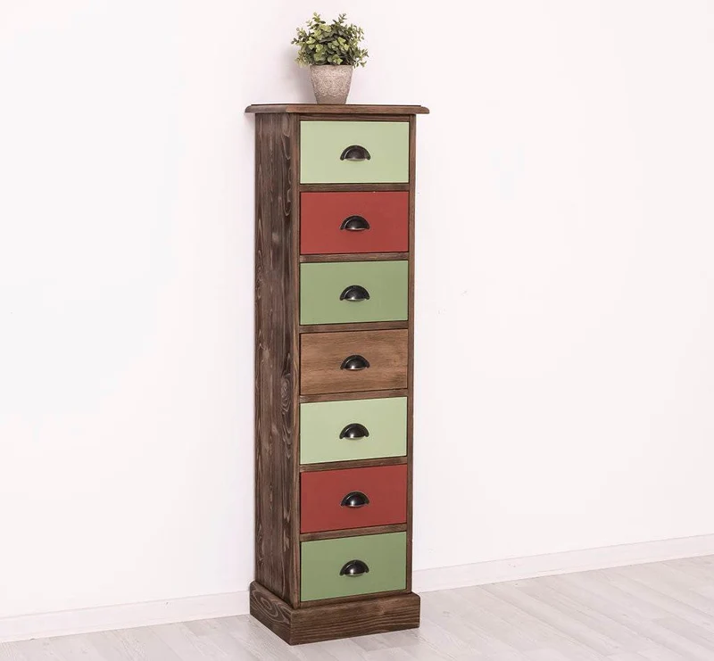Schmale Schubladensäule aus Massivholz mit 7 Schubladen