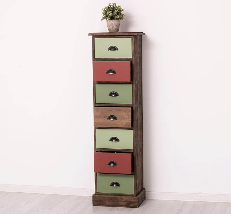 Schmale Schubladensäule aus Massivholz mit 7 Schubladen