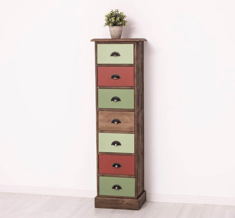 Schmale Schubladensäule aus Massivholz mit 7 Schubladen