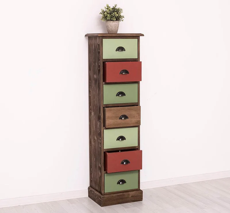 Schmale Schubladensäule aus Massivholz mit 7 Schubladen