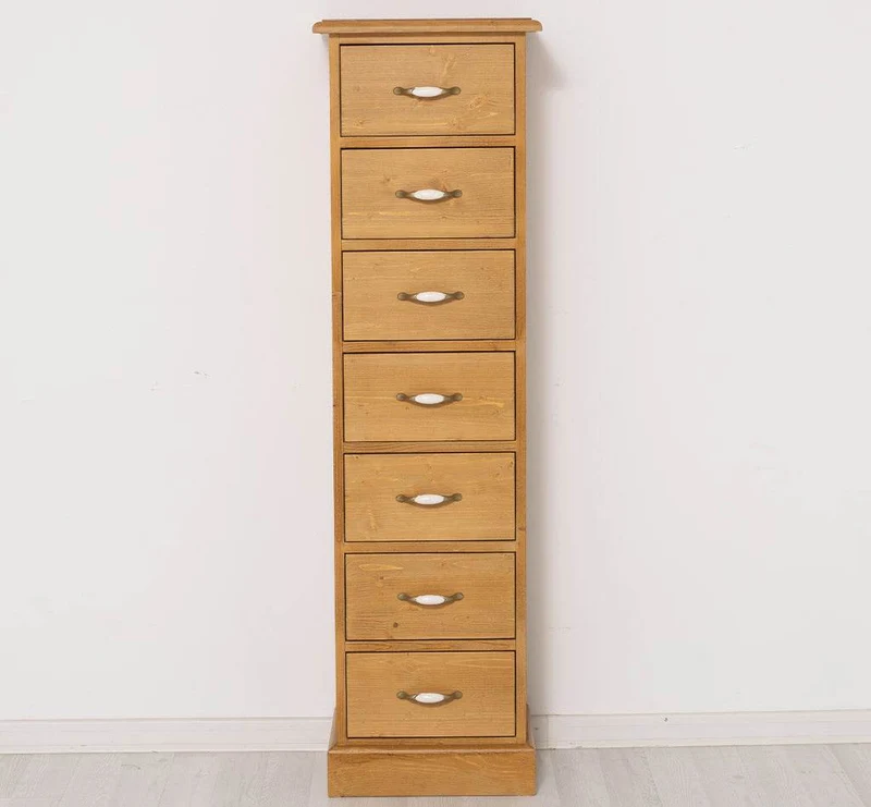 Schmale Schubladensäule aus Massivholz mit 7 Schubladen