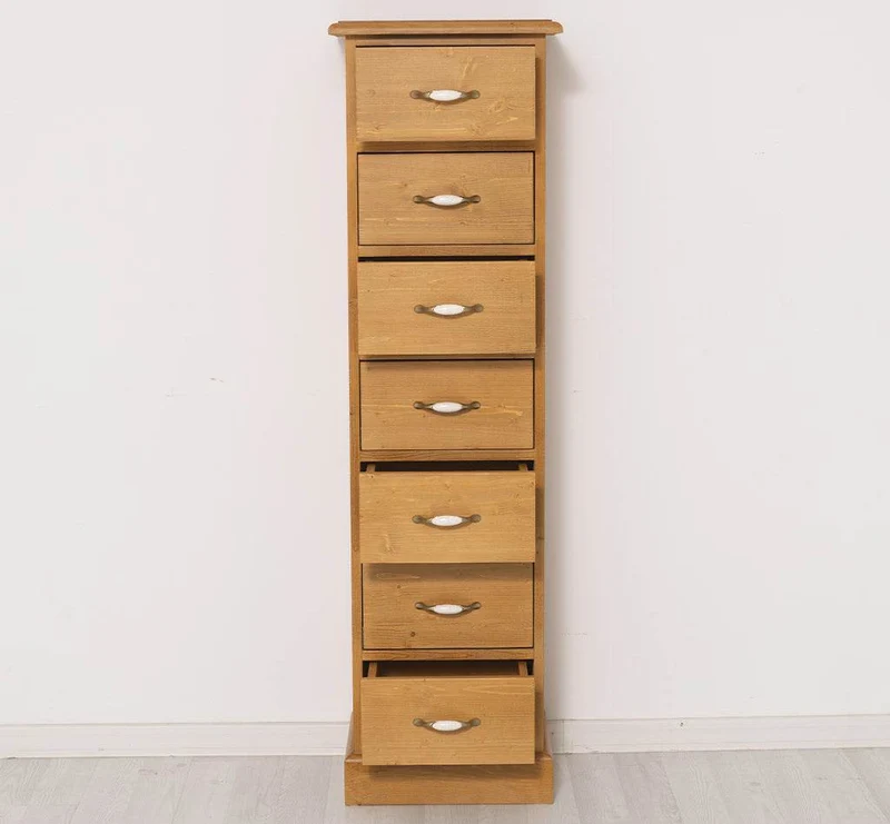 Schmale Schubladensäule aus Massivholz mit 7 Schubladen