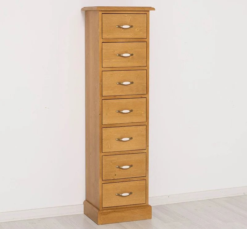 Schmale Schubladensäule aus Massivholz mit 7 Schubladen